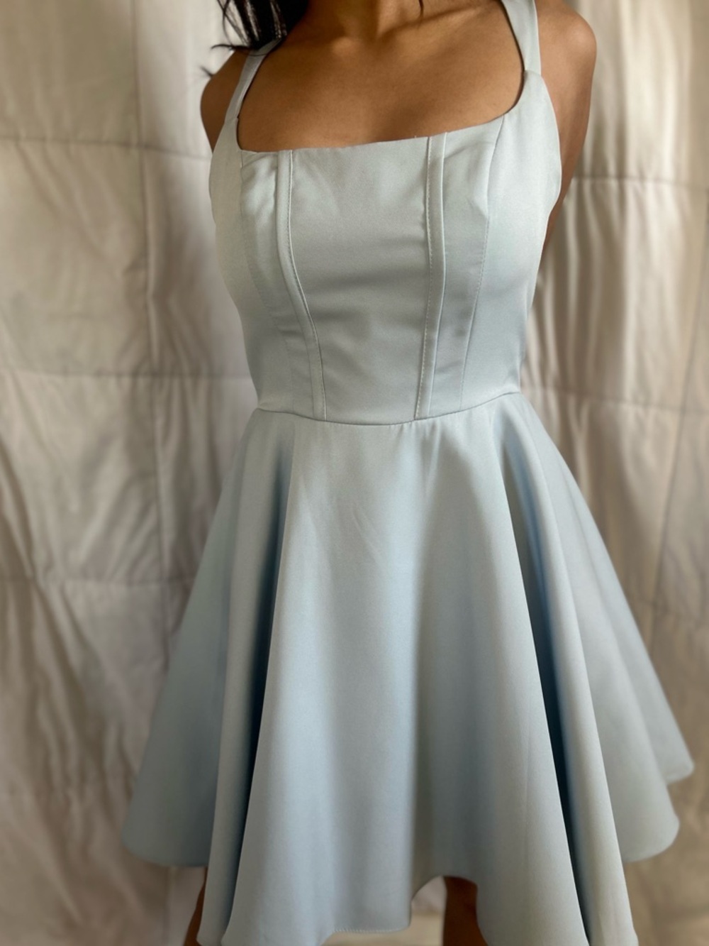Light Blue Mini Dress Bow Back Flowy Skirt